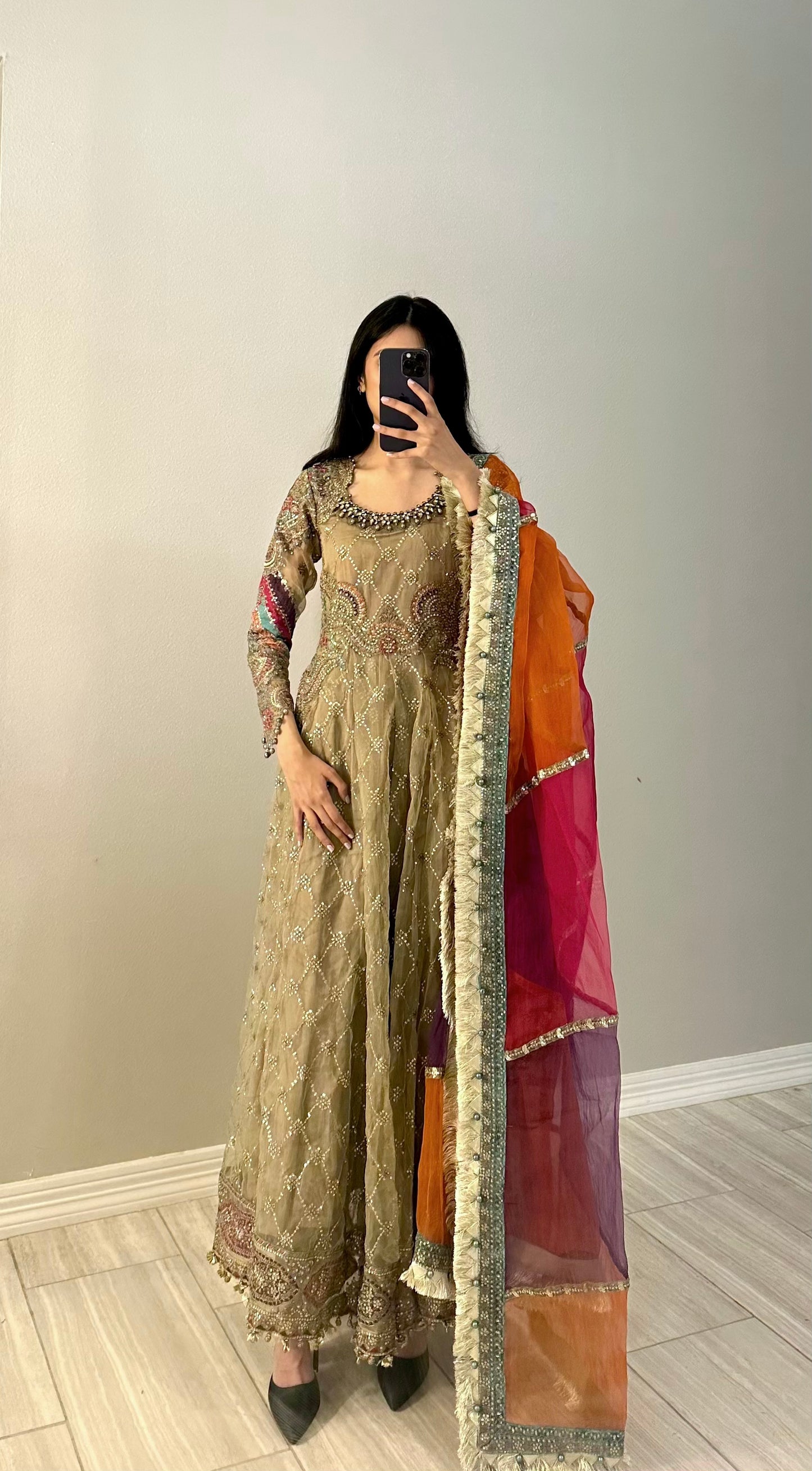 Bridal Bronze Maxi Gown with Colorful Dupatta