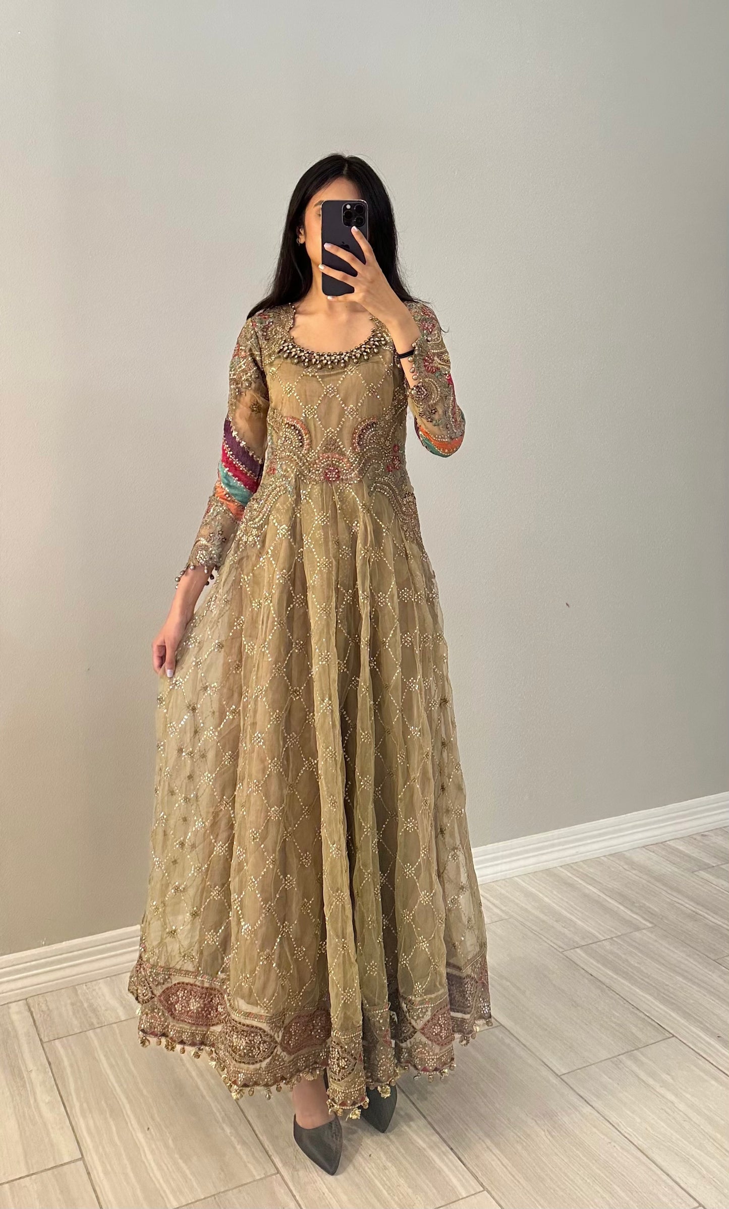 Bridal Bronze Maxi Gown with Colorful Dupatta