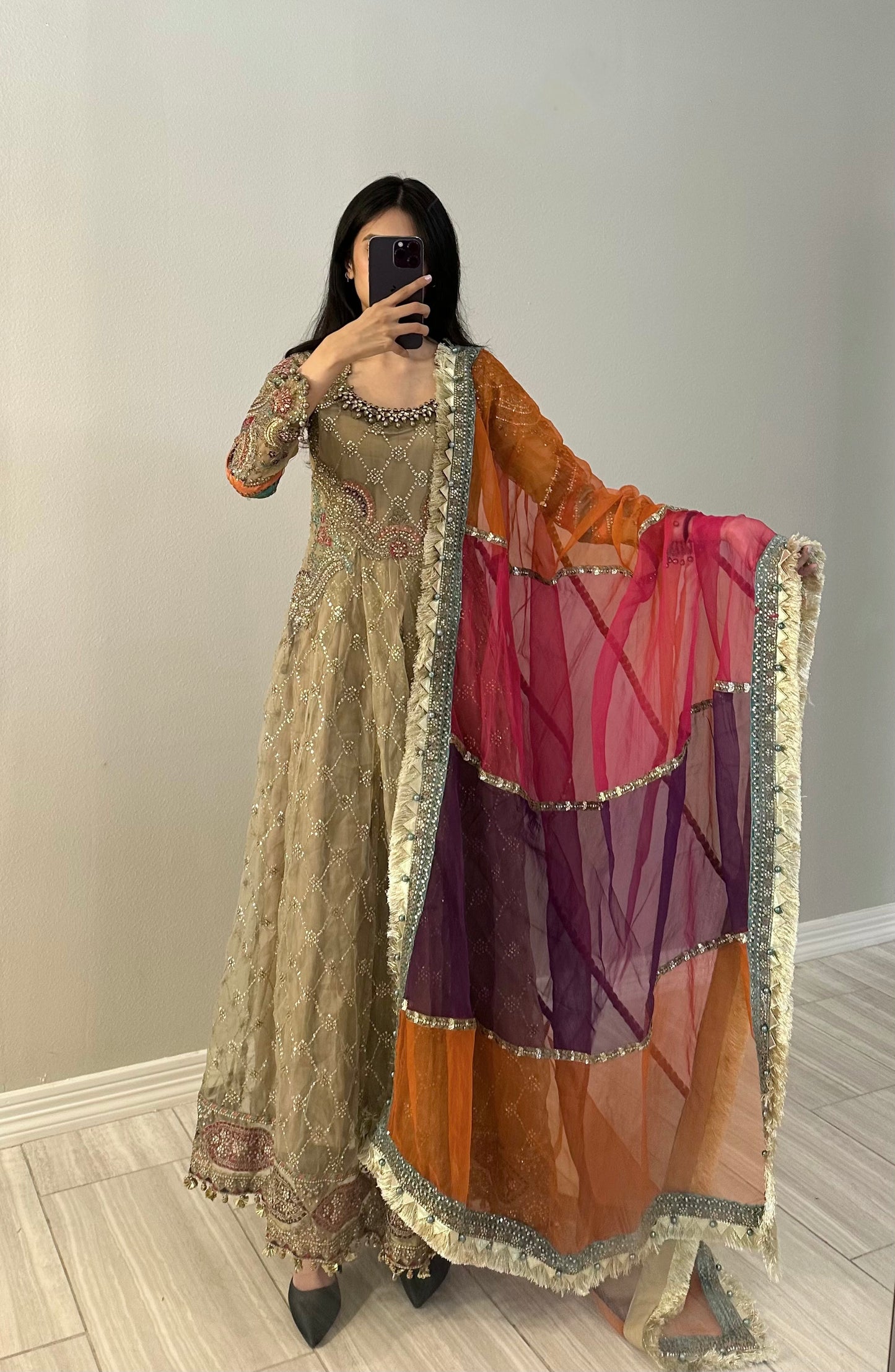 Bridal Bronze Maxi Gown with Colorful Dupatta