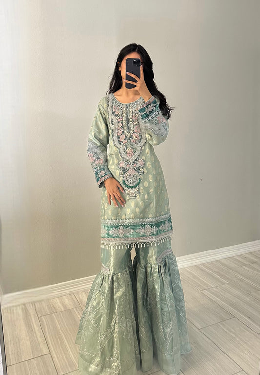 Turquoise and Pink Garara Suit