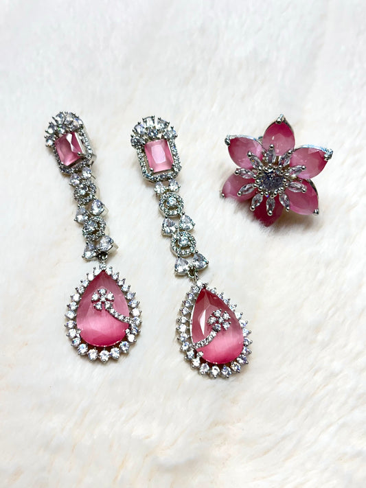 Long pink earrings and ring set